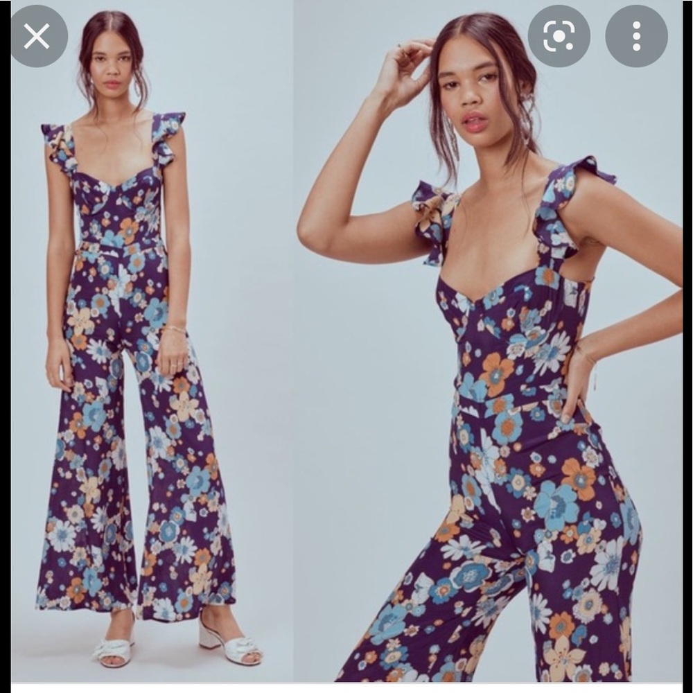 For Love And Lemons Magnolia 60s 70s Floral Ruffle Jumpsuit Flower Power M - Picture 1 of 7